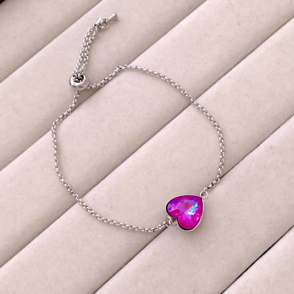 Fuchsia Aurora Borealis + Stainless Steel Adjustable Crystal Heart Boho Bracelet - Picture 6 of 7